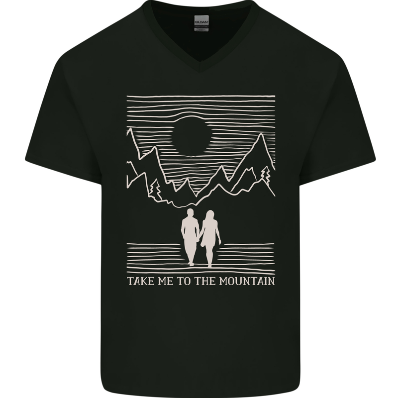 Take Me to the Mountains Trekking Hiking Mens V-Neck Cotton T-Shirt Black