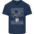 Take Me to the Mountains Trekking Hiking Mens V-Neck Cotton T-Shirt Navy Blue
