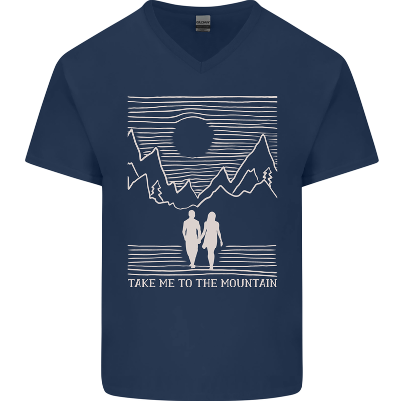 Take Me to the Mountains Trekking Hiking Mens V-Neck Cotton T-Shirt Navy Blue
