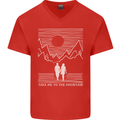 Take Me to the Mountains Trekking Hiking Mens V-Neck Cotton T-Shirt Red