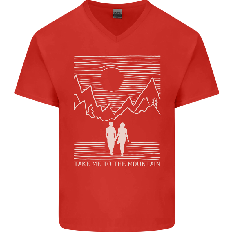 Take Me to the Mountains Trekking Hiking Mens V-Neck Cotton T-Shirt Red