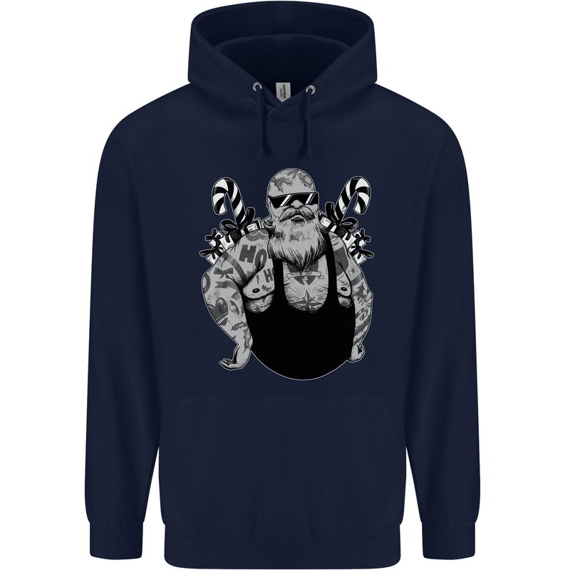 Tattoo Santa Funny Christmas Biker Motorbike Mens 80% Cotton Hoodie Navy Blue