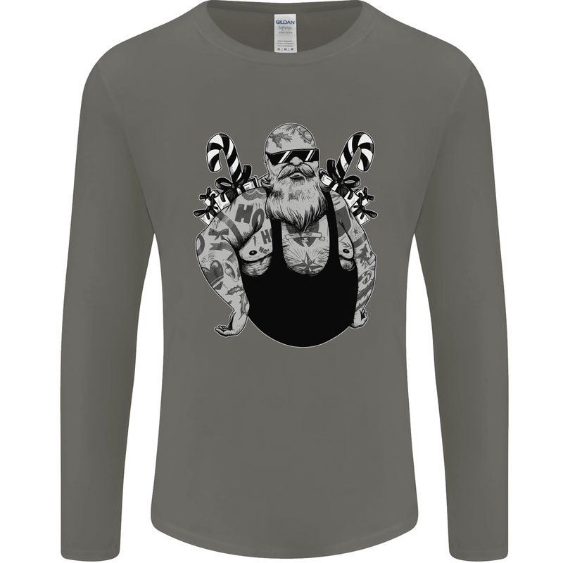 Tattoo Santa Funny Christmas Biker Motorbike Mens Long Sleeve T-Shirt Charcoal