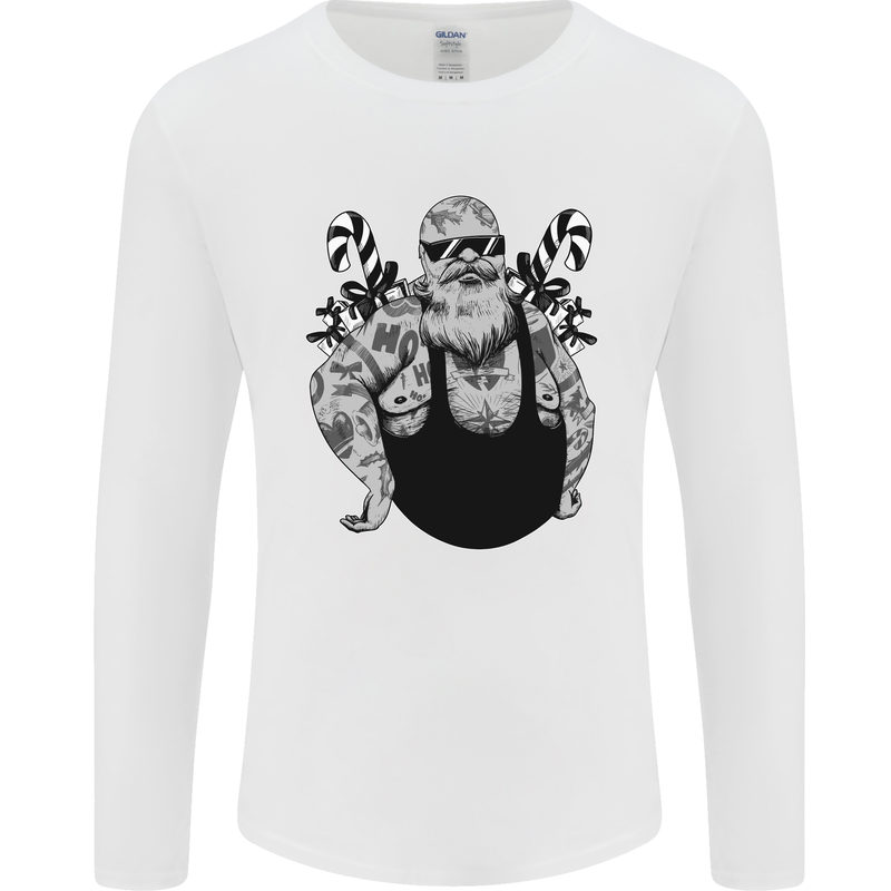 Tattoo Santa Funny Christmas Biker Motorbike Mens Long Sleeve T-Shirt White