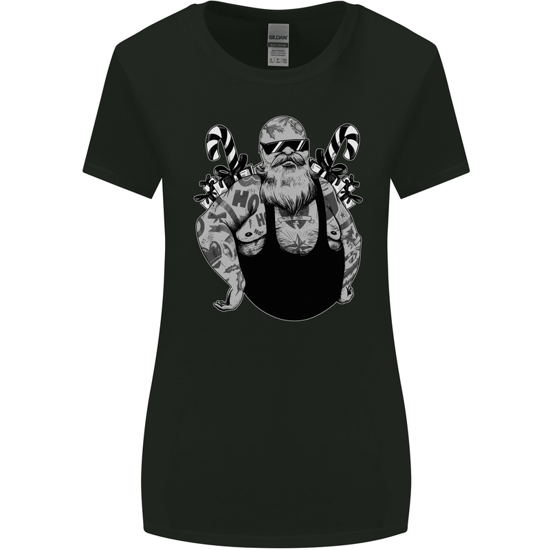 Tattoo Santa Funny Christmas Biker Motorbike Womens Wider Cut T-Shirt Black