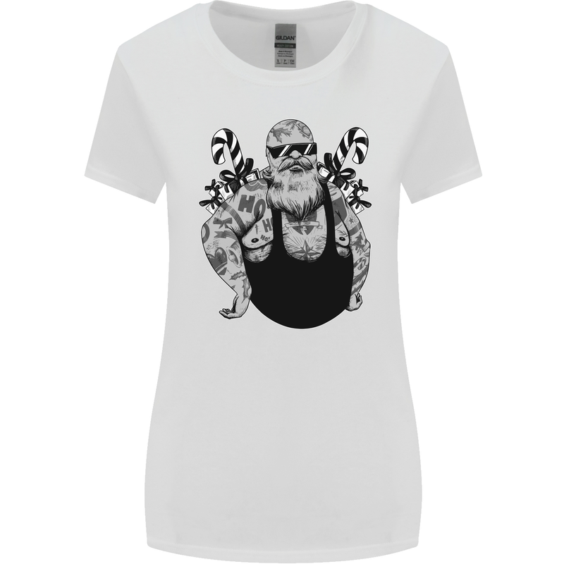 Tattoo Santa Funny Christmas Biker Motorbike Womens Wider Cut T-Shirt White