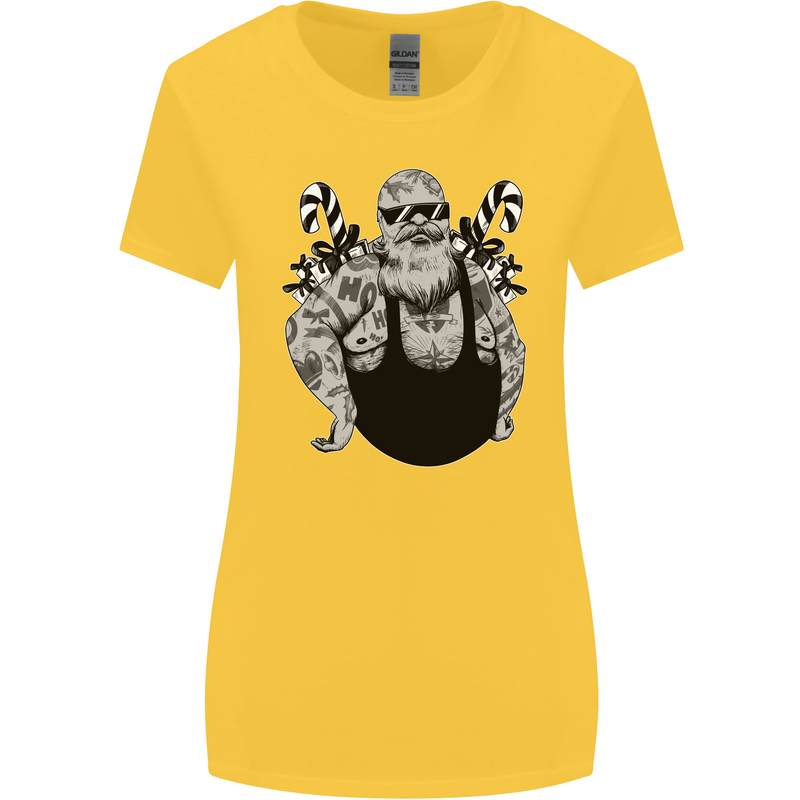 Tattoo Santa Funny Christmas Biker Motorbike Womens Wider Cut T-Shirt Yellow