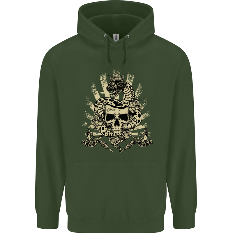 Tattoo Skull Snake Tattooist Biker Gothic Mens 80% Cotton Hoodie Forest Green