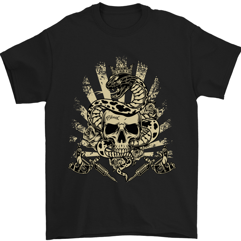 Tattoo Skull Snake Tattooist Biker Gothic Mens T-Shirt Cotton Gildan Black