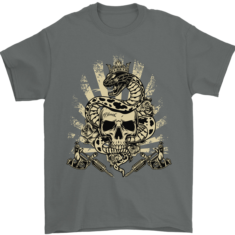 Tattoo Skull Snake Tattooist Biker Gothic Mens T-Shirt Cotton Gildan Charcoal