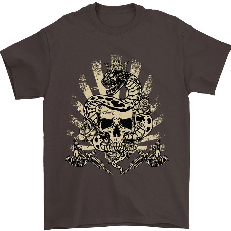 Tattoo Skull Snake Tattooist Biker Gothic Mens T-Shirt Cotton Gildan Dark Chocolate