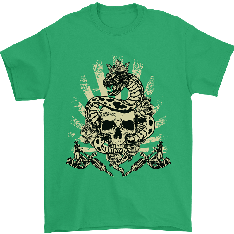 Tattoo Skull Snake Tattooist Biker Gothic Mens T-Shirt Cotton Gildan Irish Green