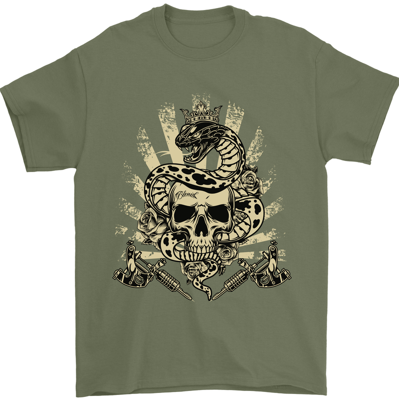 Tattoo Skull Snake Tattooist Biker Gothic Mens T-Shirt Cotton Gildan Military Green