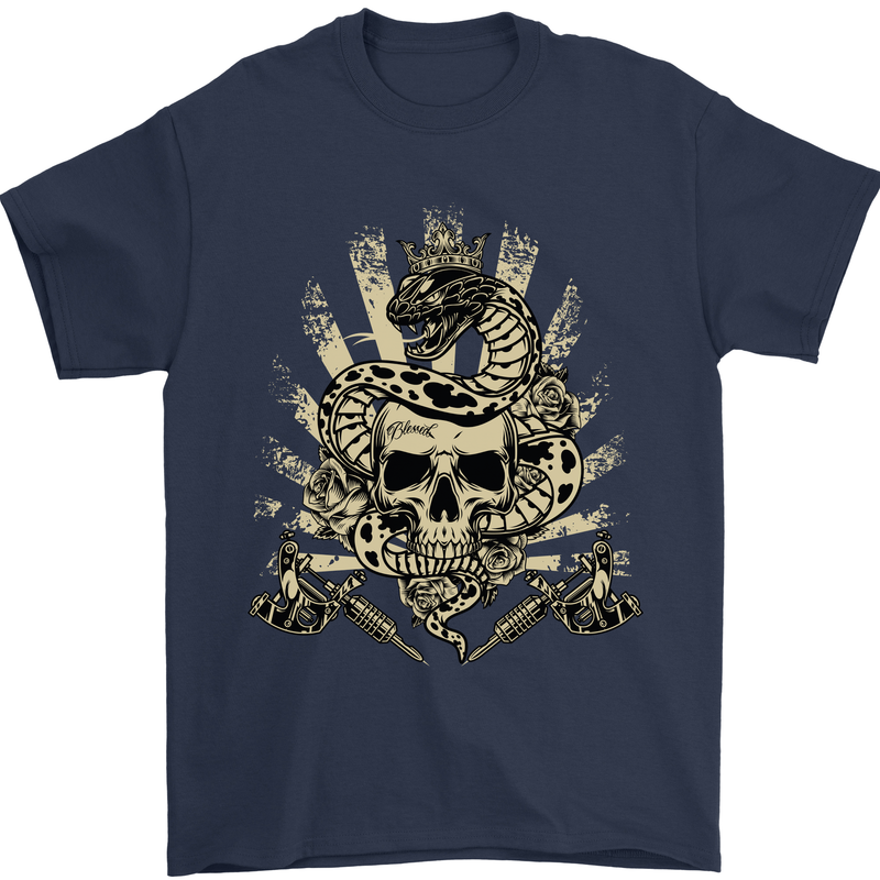 Tattoo Skull Snake Tattooist Biker Gothic Mens T-Shirt Cotton Gildan Navy Blue