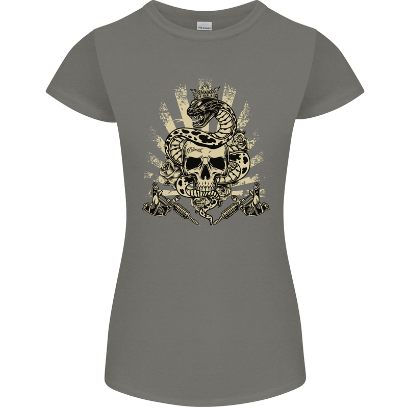 Tattoo Skull Snake Tattooist Biker Gothic Womens Petite Cut T-Shirt Charcoal