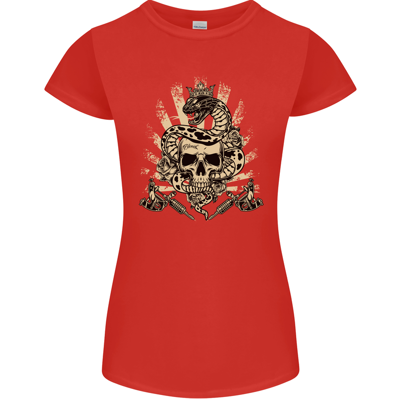 Tattoo Skull Snake Tattooist Biker Gothic Womens Petite Cut T-Shirt Red