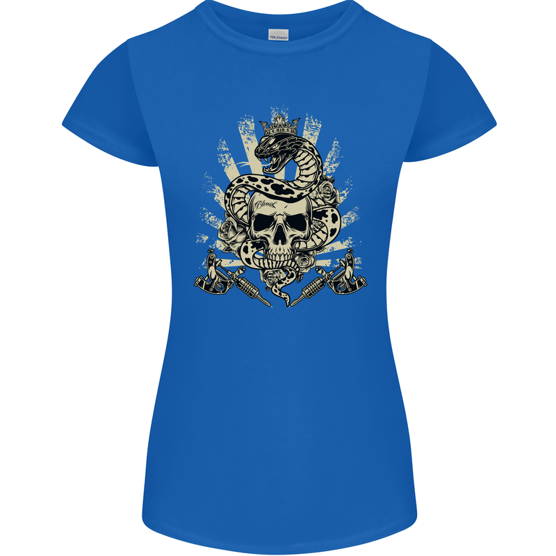 Tattoo Skull Snake Tattooist Biker Gothic Womens Petite Cut T-Shirt Royal Blue