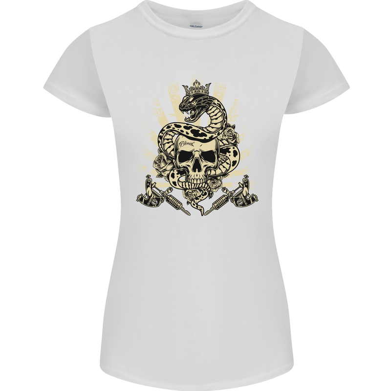 Tattoo Skull Snake Tattooist Biker Gothic Womens Petite Cut T-Shirt White