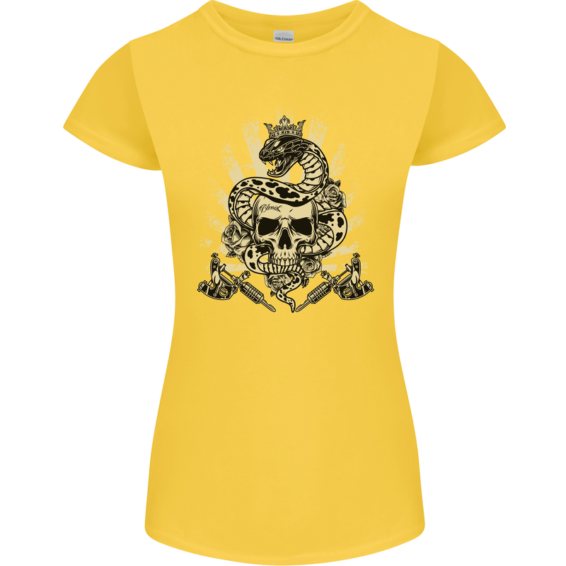 Tattoo Skull Snake Tattooist Biker Gothic Womens Petite Cut T-Shirt Yellow