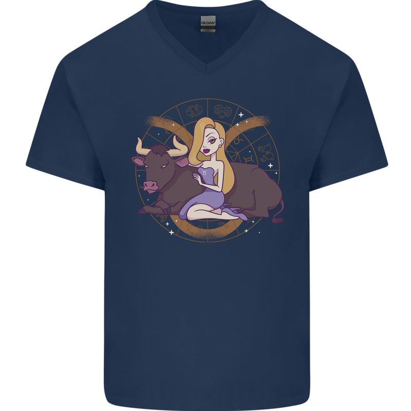 Taurus Star Sign Astrological Zodiac Mens V-Neck Cotton T-Shirt Navy Blue