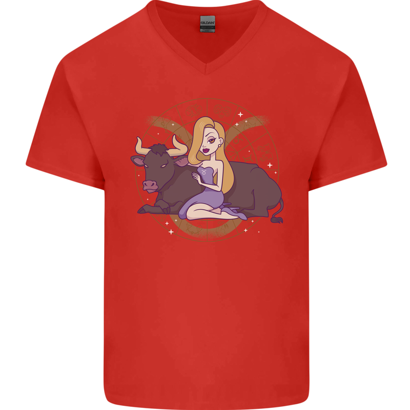 Taurus Star Sign Astrological Zodiac Mens V-Neck Cotton T-Shirt Red