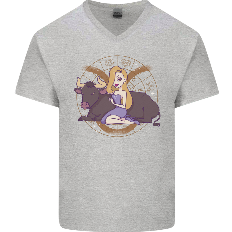 Taurus Star Sign Astrological Zodiac Mens V-Neck Cotton T-Shirt Sports Grey