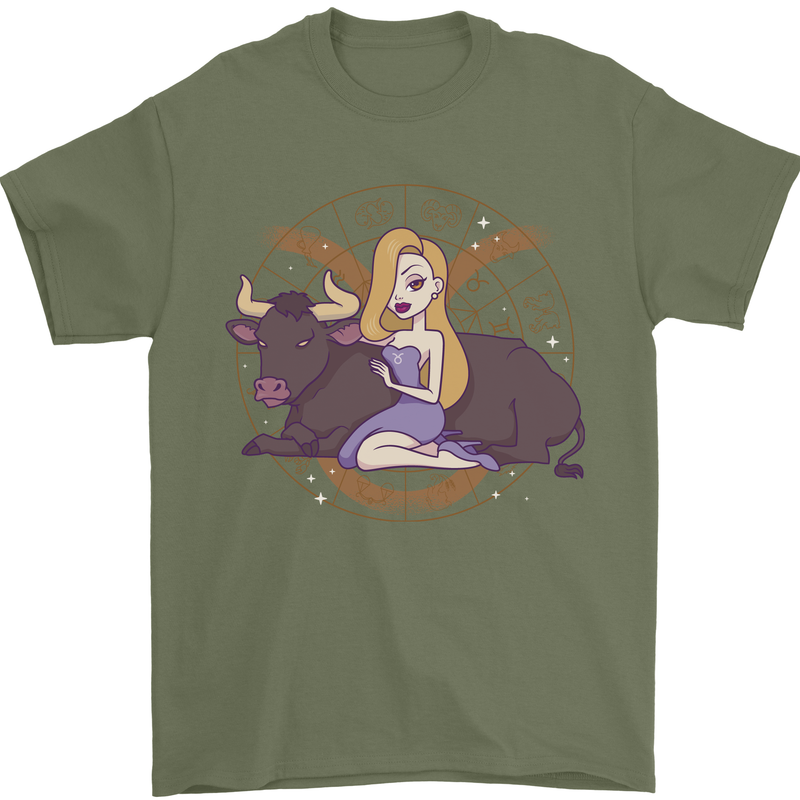 Taurus Star Sign Zodiac Astrological Mens T-Shirt 100% Cotton Military Green