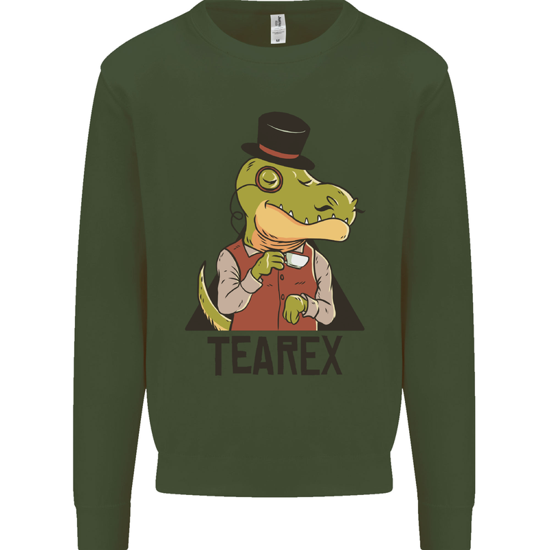 TeaRex Funny T-Rex Dinosaur Tea Drinker Kids Sweatshirt Jumper Forest Green
