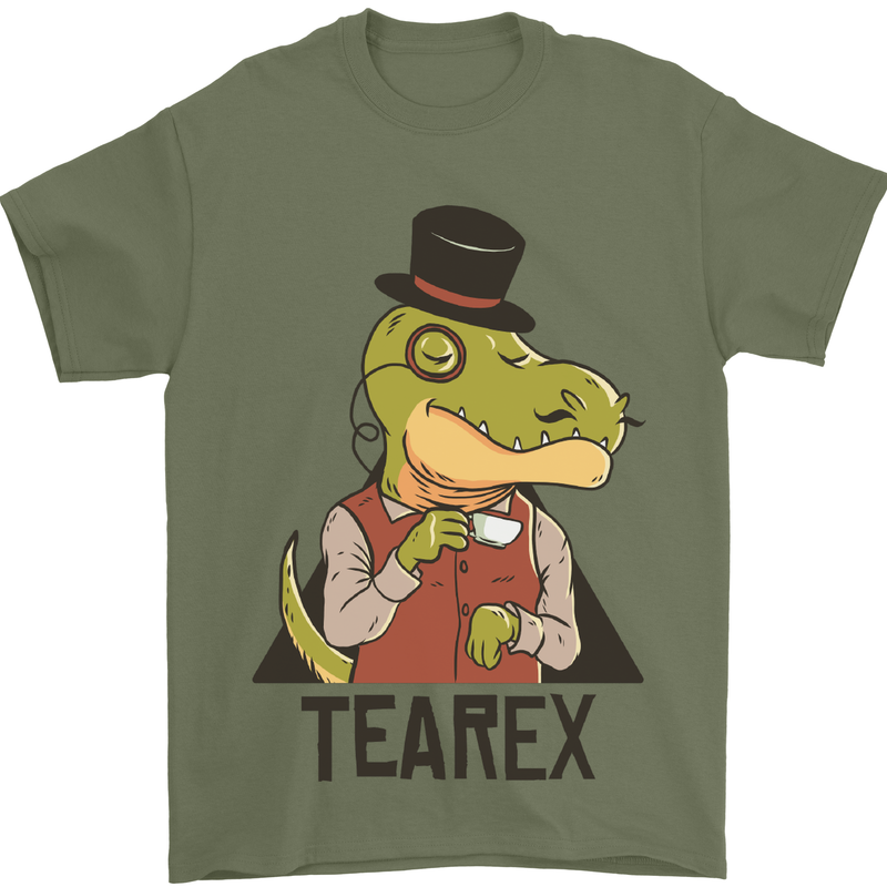 TeaRex Funny T-Rex Dinosaur Tea Drinker Mens T-Shirt Cotton Gildan Military Green