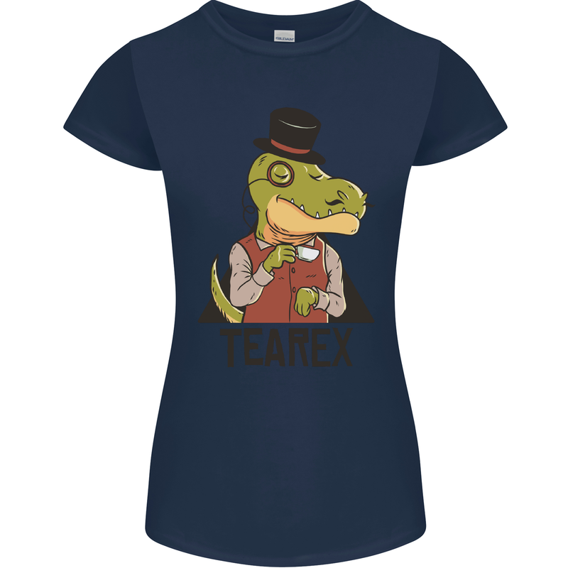 TeaRex Funny T-Rex Dinosaur Tea Drinker Womens Petite Cut T-Shirt Navy Blue