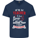 Teacher I Know Everything Funny Teaching Mens V-Neck Cotton T-Shirt Navy Blue