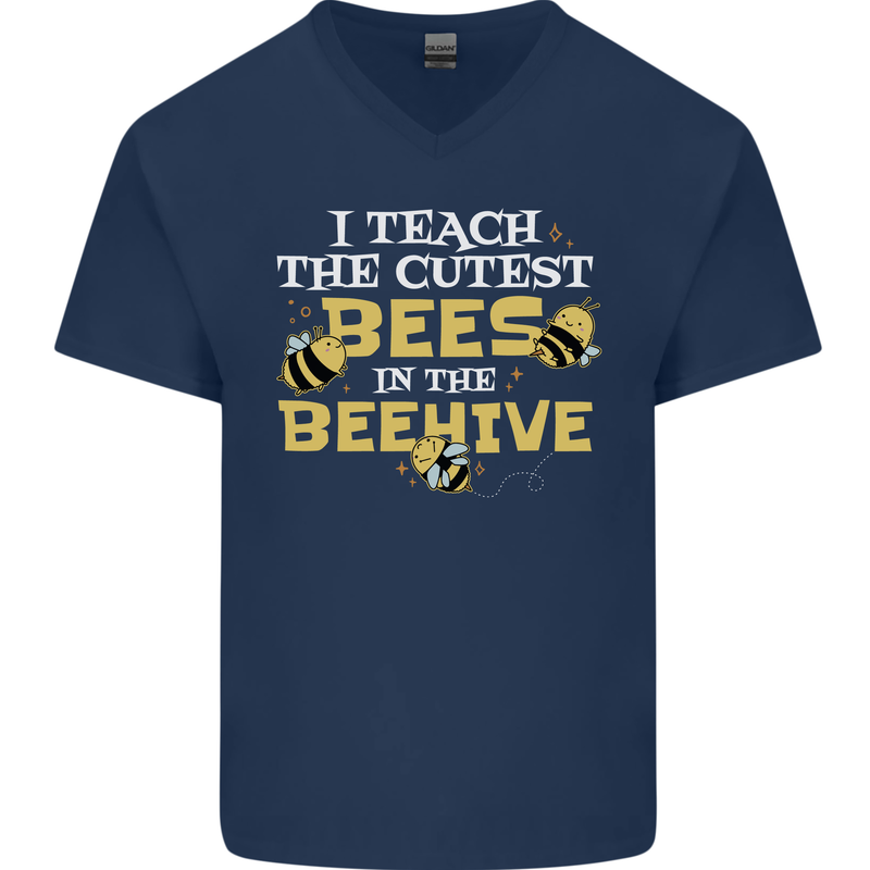 Teaching I Teach the Cutest Bees Teacher Mens V-Neck Cotton T-Shirt Navy Blue