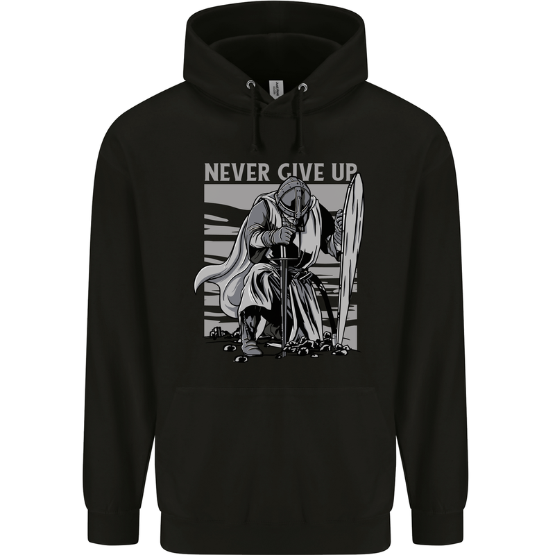 Teutonic Knight Never Give Up Crusader Gym Mens 80% Cotton Hoodie Black