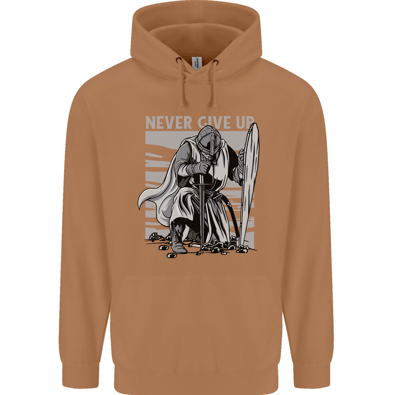 Teutonic Knight Never Give Up Crusader Gym Mens 80% Cotton Hoodie Caramel Latte
