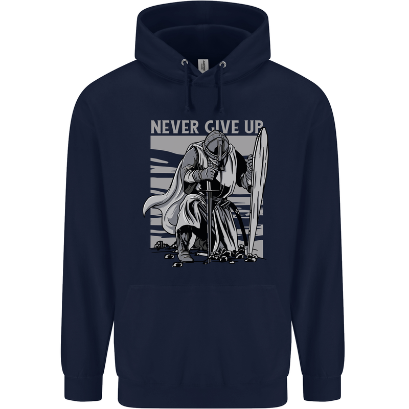 Teutonic Knight Never Give Up Crusader Gym Mens 80% Cotton Hoodie Navy Blue