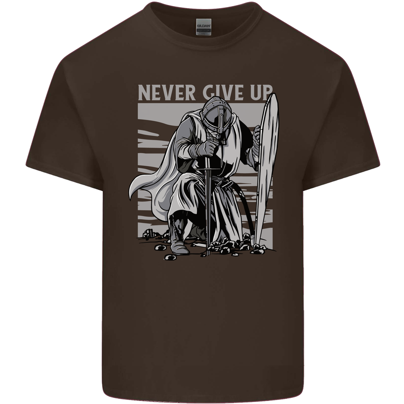 Teutonic Knight Never Give Up Crusader Gym Mens Cotton T-Shirt Tee Top Dark Chocolate
