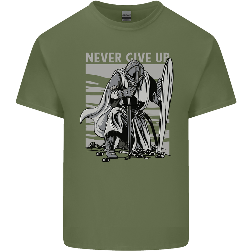 Teutonic Knight Never Give Up Crusader Gym Mens Cotton T-Shirt Tee Top Military Green