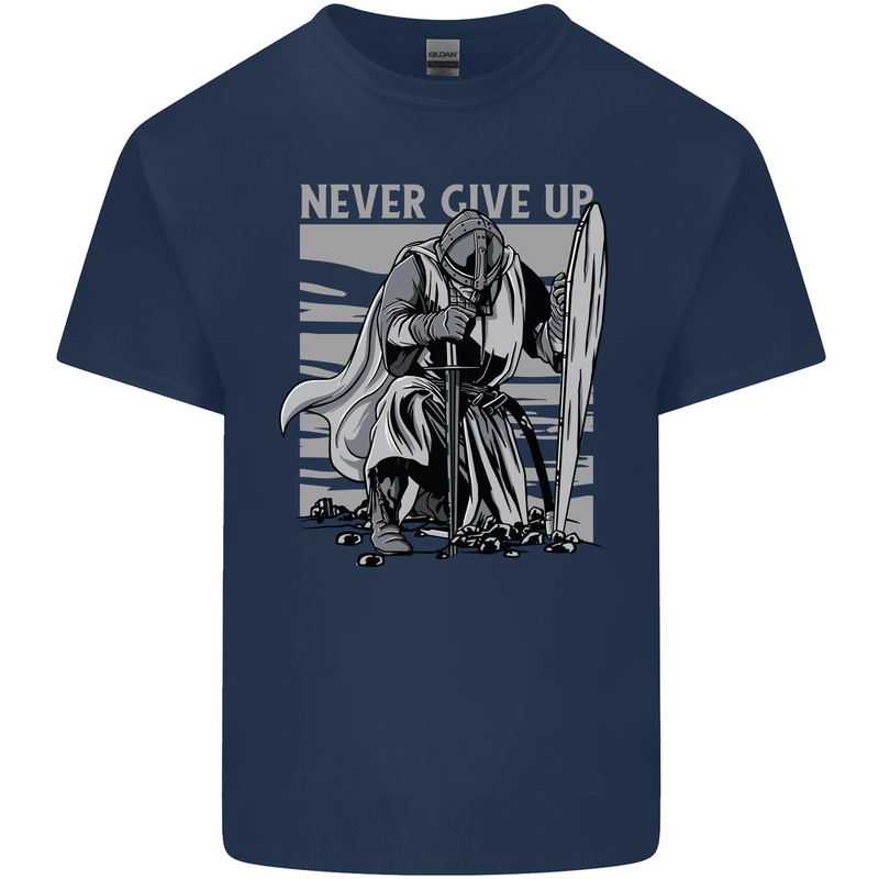 Teutonic Knight Never Give Up Crusader Gym Mens Cotton T-Shirt Tee Top Navy Blue