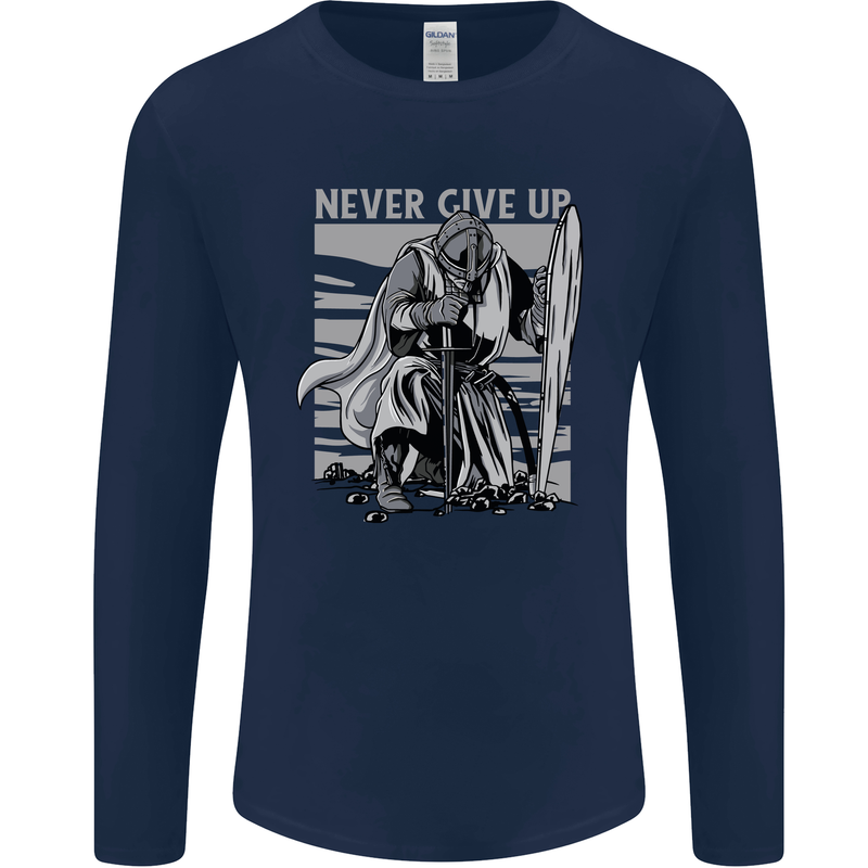 Teutonic Knight Never Give Up Crusader Gym Mens Long Sleeve T-Shirt Navy Blue
