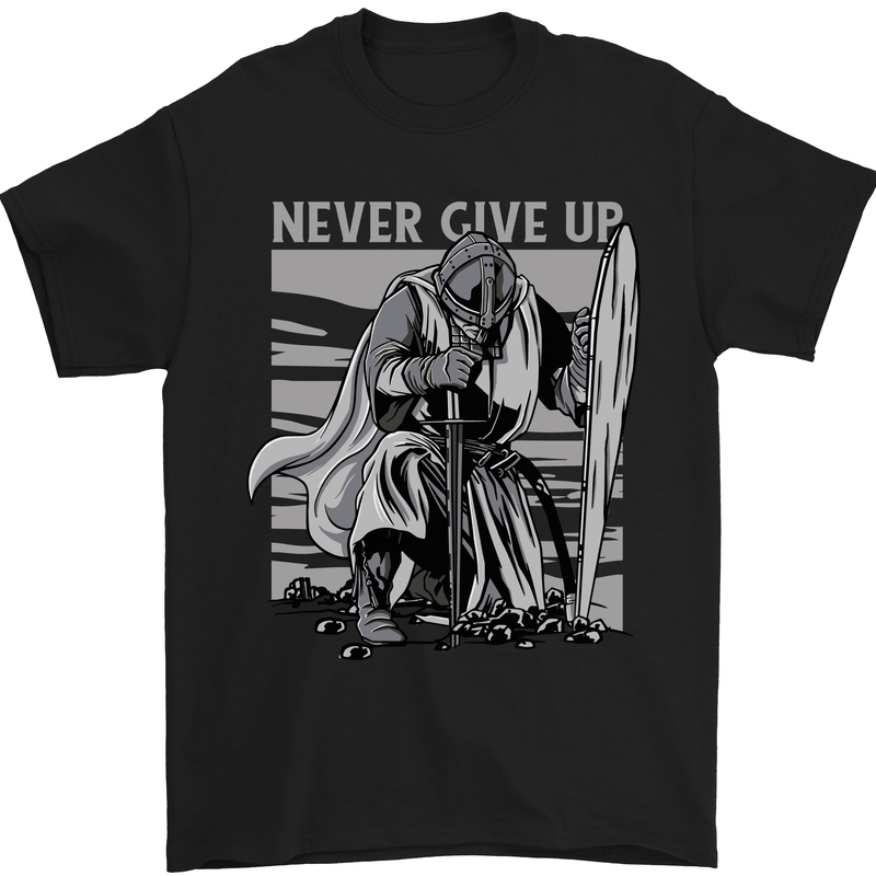Teutonic Knight Never Give Up Crusader Gym Mens T-Shirt Cotton Gildan Black