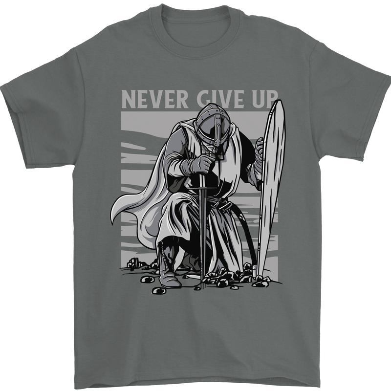 Teutonic Knight Never Give Up Crusader Gym Mens T-Shirt Cotton Gildan Charcoal