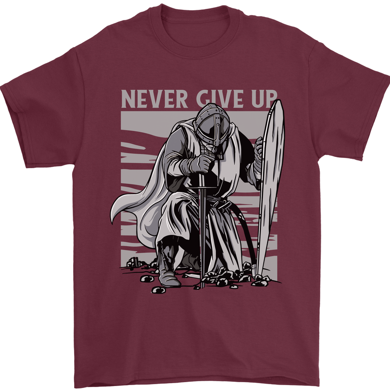 Teutonic Knight Never Give Up Crusader Gym Mens T-Shirt Cotton Gildan Maroon