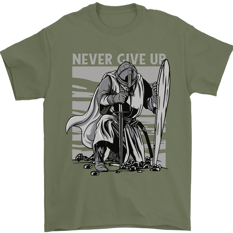 Teutonic Knight Never Give Up Crusader Gym Mens T-Shirt Cotton Gildan Military Green