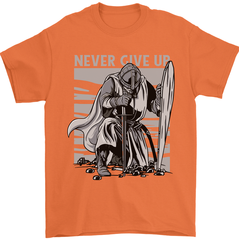 Teutonic Knight Never Give Up Crusader Gym Mens T-Shirt Cotton Gildan Orange