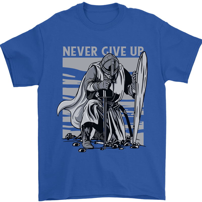 Teutonic Knight Never Give Up Crusader Gym Mens T-Shirt Cotton Gildan Royal Blue