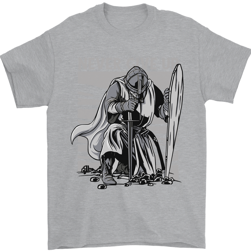 Teutonic Knight Never Give Up Crusader Gym Mens T-Shirt Cotton Gildan Sports Grey