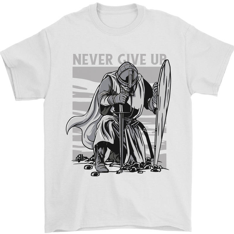 Teutonic Knight Never Give Up Crusader Gym Mens T-Shirt Cotton Gildan White