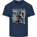 Teutonic Knight Never Give Up Crusader Gym Mens V-Neck Cotton T-Shirt Navy Blue