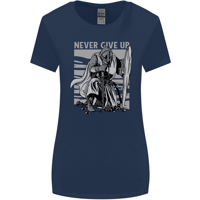 Teutonic Knight Never Give Up Crusader Gym Womens Wider Cut T-Shirt Navy Blue