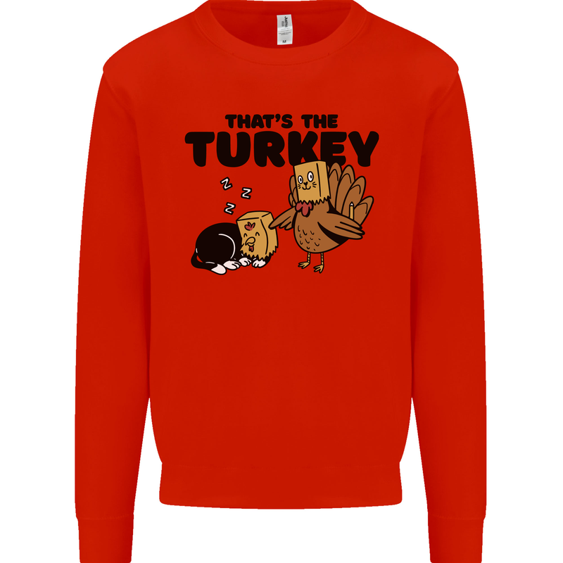 Thanks Giving Christmas Turkey Cat Kids Sweatshirt Jumper Bright Red